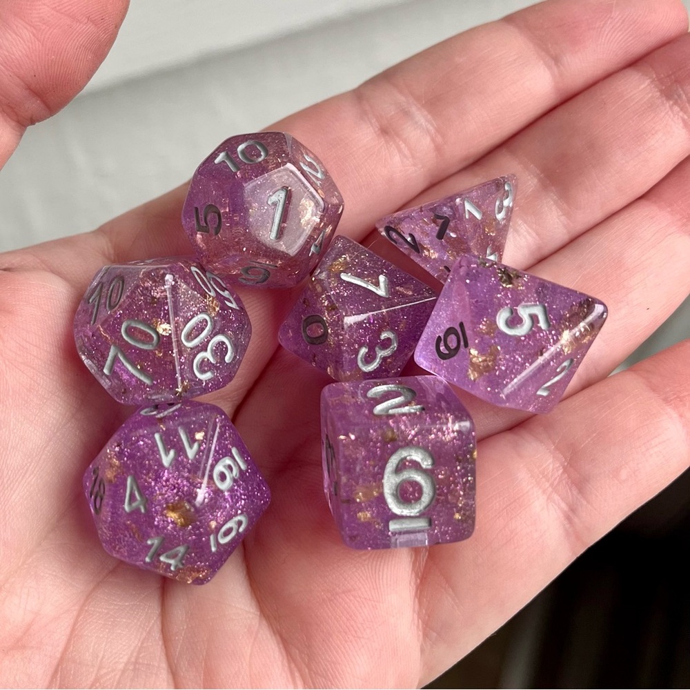 NIB 7-piece purple TTRPG dice set with gold flecks and silver ink